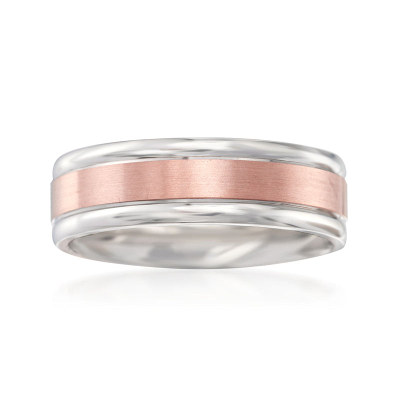 Two-tone 14kt gold wedding ring, smooth polished band in rose and white gold