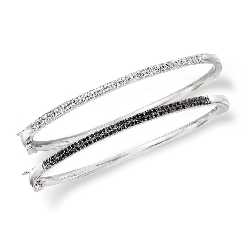 Sterling silver diamond bangle bracelet set: clear pave and black diamond bands