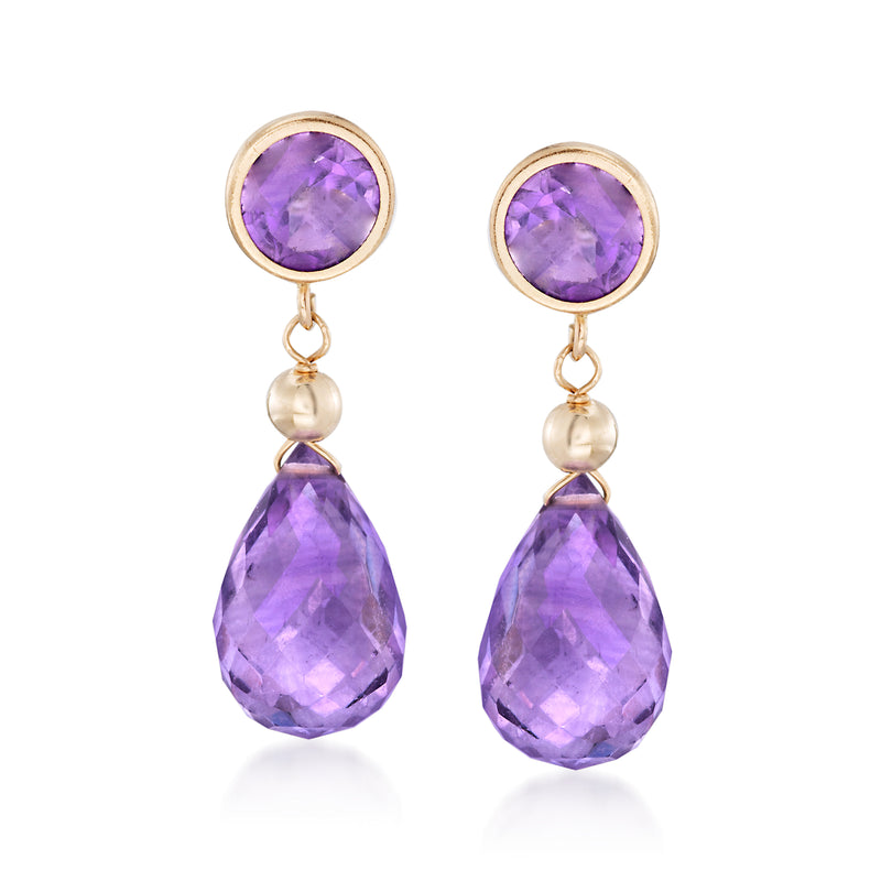 14kt yellow gold amethyst drop earrings with round and teardrop purple gemstones