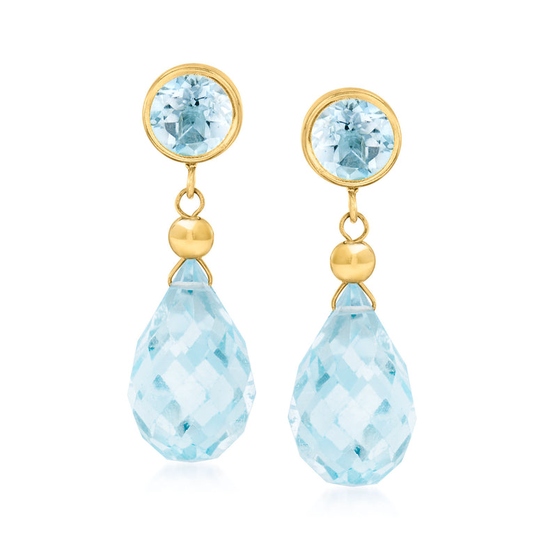 Yellow gold drop earrings with sky-blue topaz teardrop and round stones