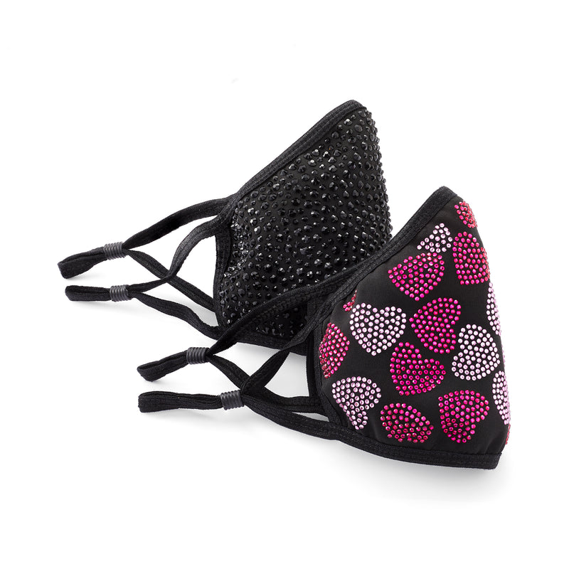 Set of two black heart crystal face masks with pink rhinestone details