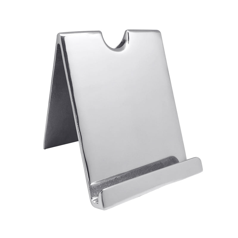 Light gray tablet holder stand with dark side panel and slanted base