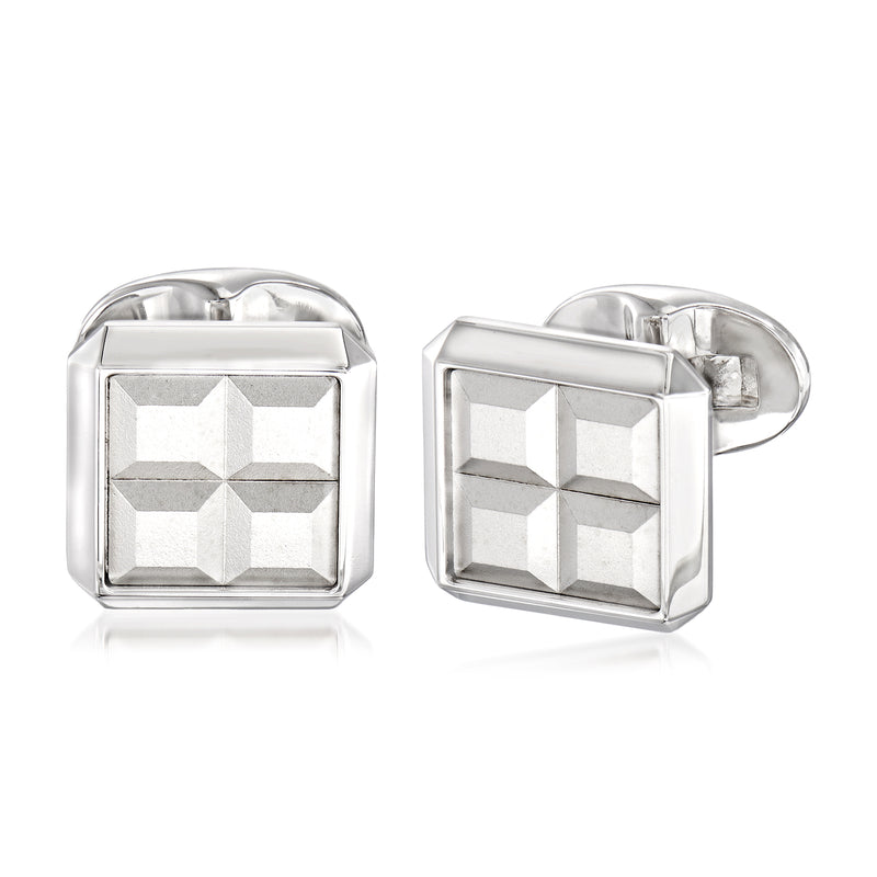 Sterling silver square cuff links with faceted geometric front and round back toggle