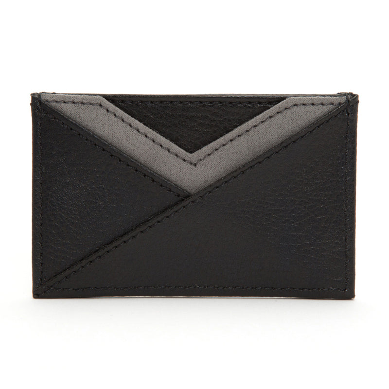 Black faux leather card wallet with chevron stitched front and top edge stitching
