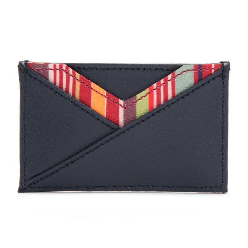 Navy faux leather card wallet with red-and-green striped lining