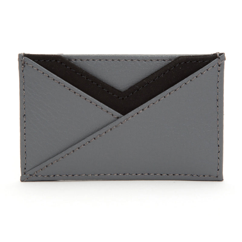 Gray faux leather card wallet with stitched V-panel front