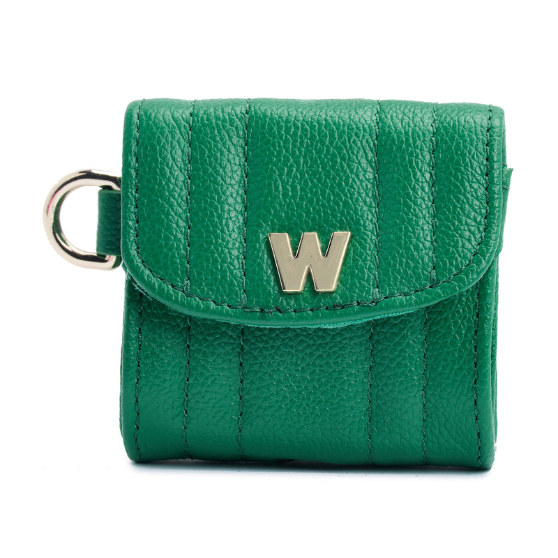 Forest green leather earbud case wristlet with metal logo and keyring clip