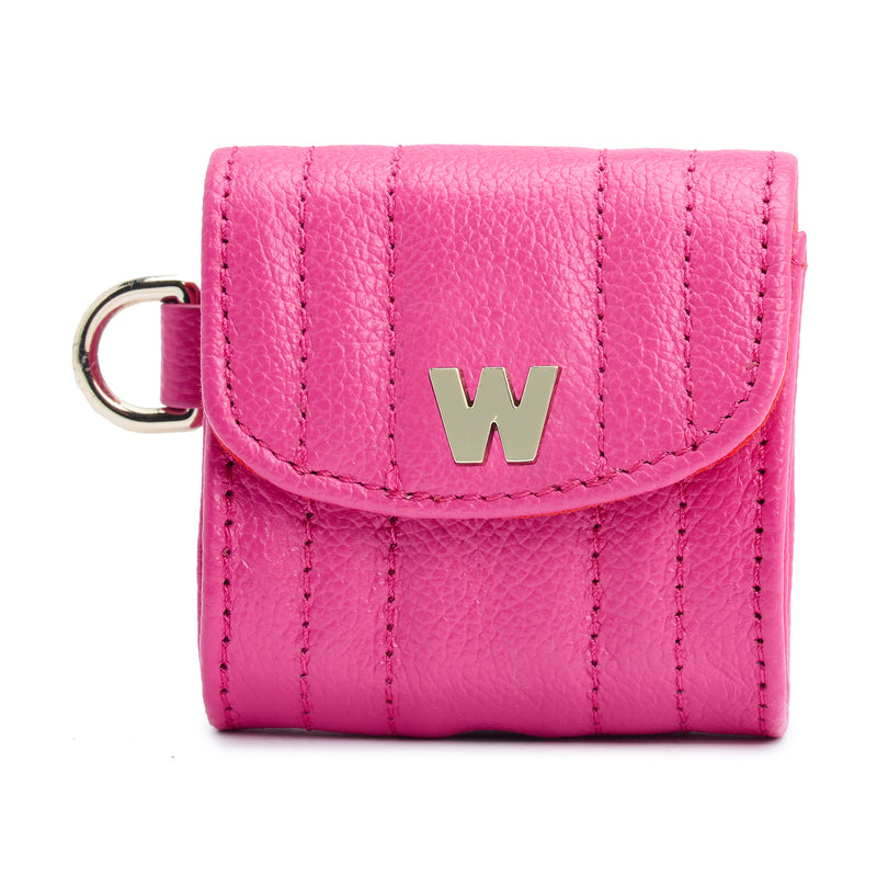Pink leather earpods case wristlet with W logo and wrist strap ring