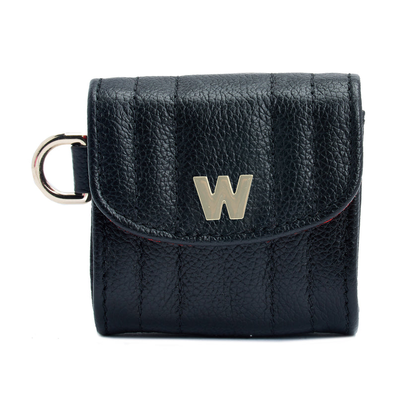 WOLF Mimi black leather earpods case wristlet with flap and gold W logo, wrist ring