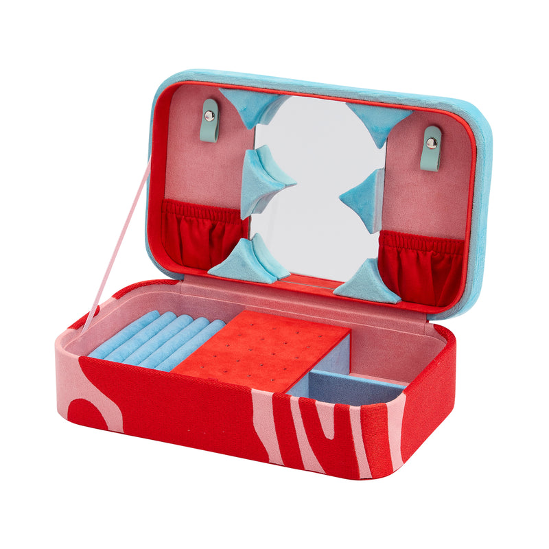 Velour jewelry box with hinged lid, red and blue storage compartments, Bea Bongiasca for WOLF