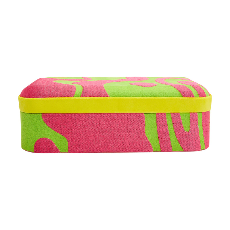 Multicolor velour jewelry box with pink, green, and yellow pattern