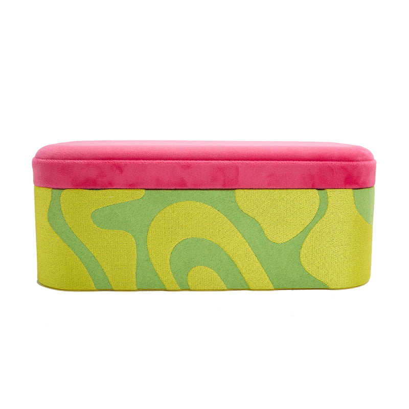 Large velour jewelry box with pink lid and yellow-green patterned sides