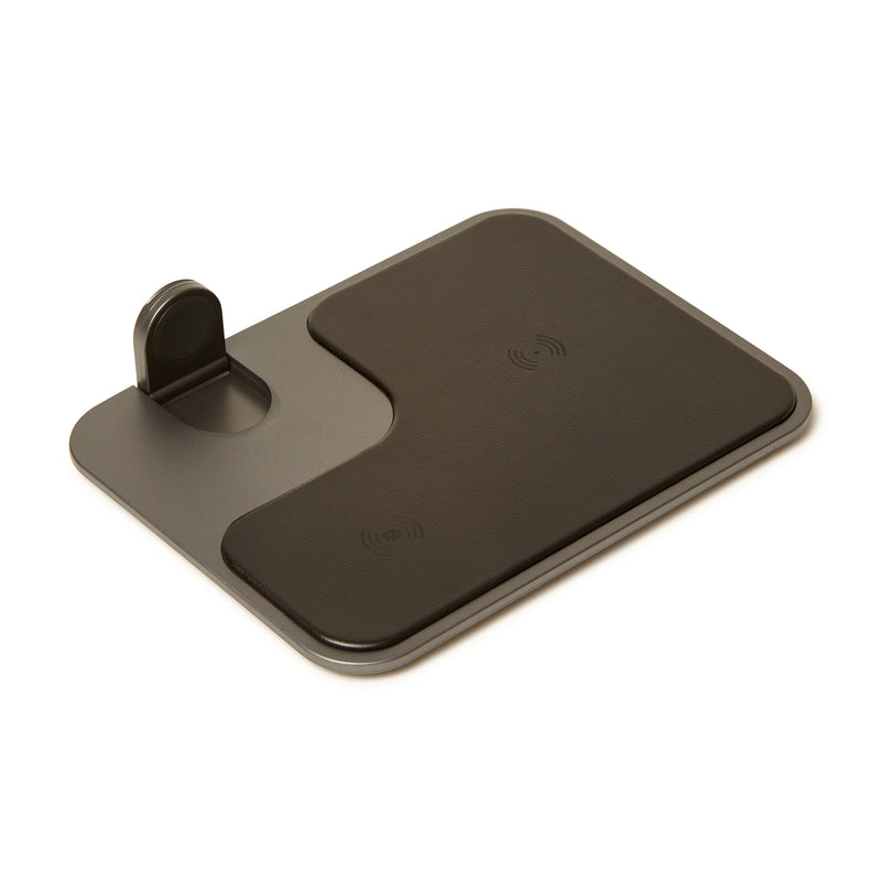 Black vegan leather 3-in-1 wireless charging tray with phone stand and charge pads