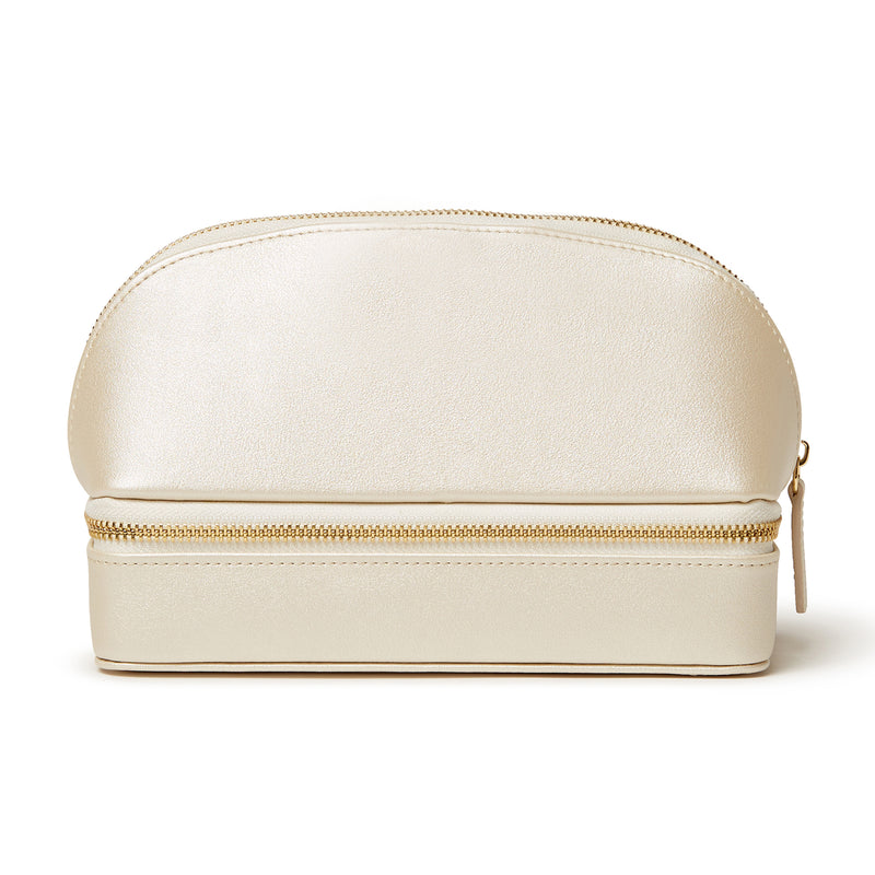 Pearl white vegan leather travel cosmetic case with zip-around closure