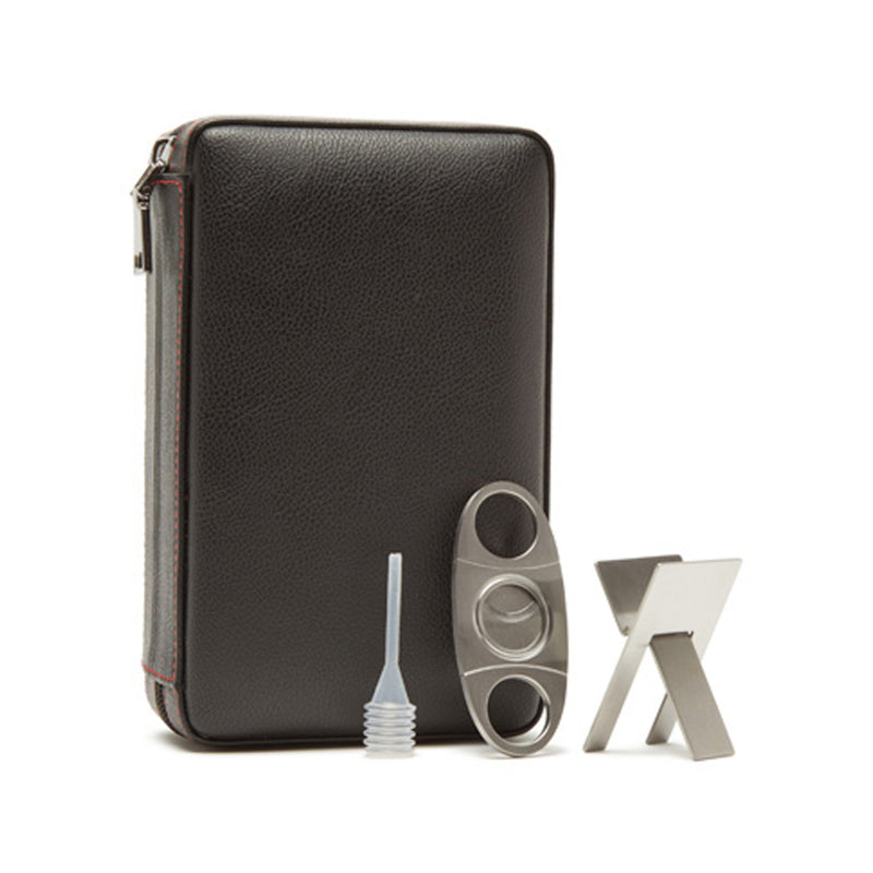 Black leather cigar travel case with metal cigar tube holders