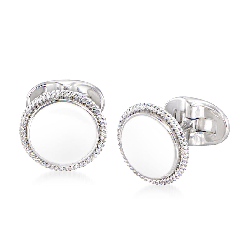 Sterling silver round cuff links with white enamel center and textured edge, hinged backs