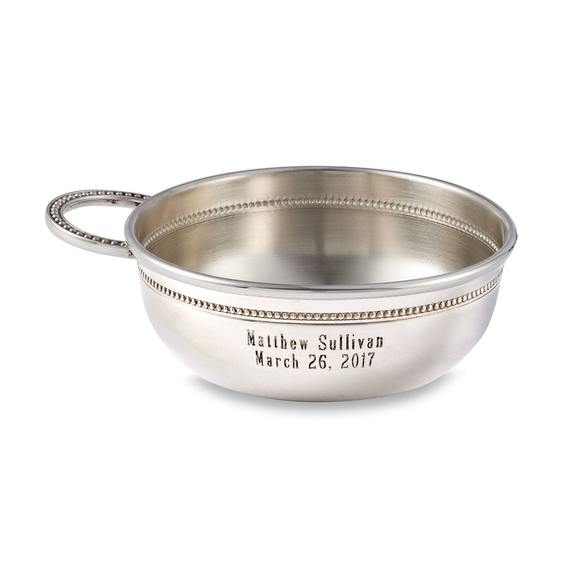 Pewter baby porringer with beaded rim, engraved name and date