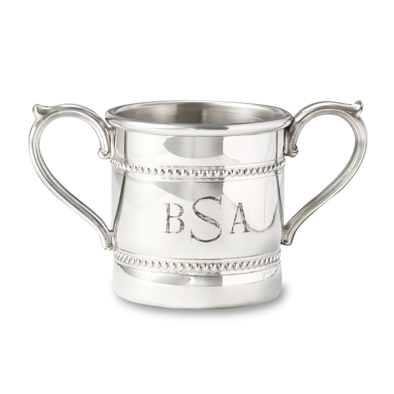 Reed & Barton pewter baby cup with double handles, engraved BSA