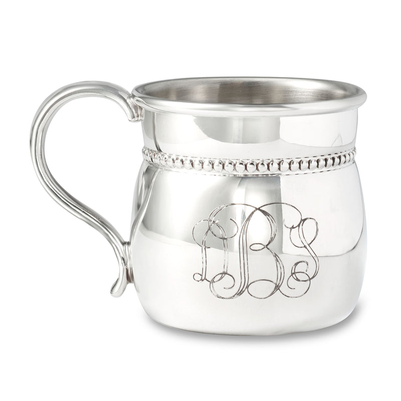 Pewter baby cup with beaded rim and engraved initial B monogram, curved handle