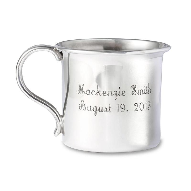 Pewter baby cup with handle, engraved Mackenzie Smith and August 19, 2013