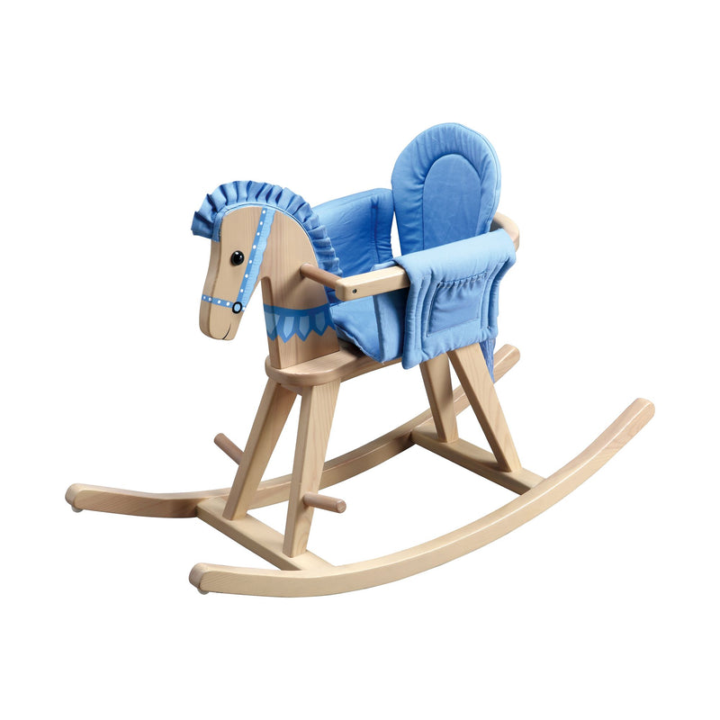 Blue fabric upholstered wooden rocking horse with curved rocker base