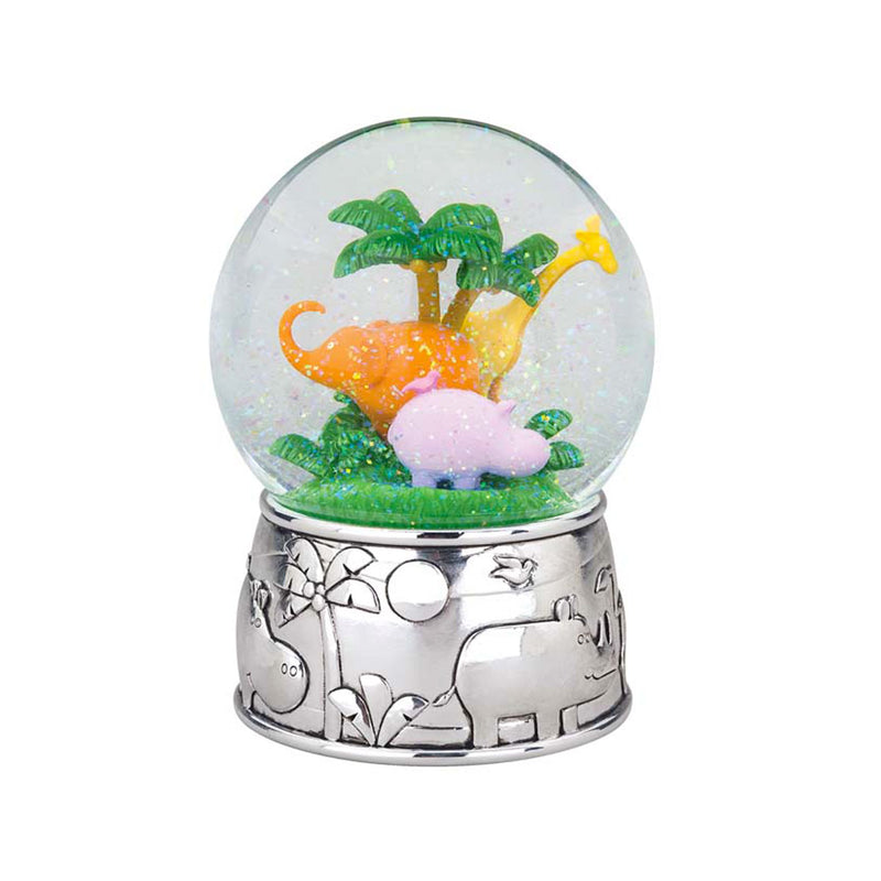 Silver plate musical water globe with jungle animal scene inside clear globe