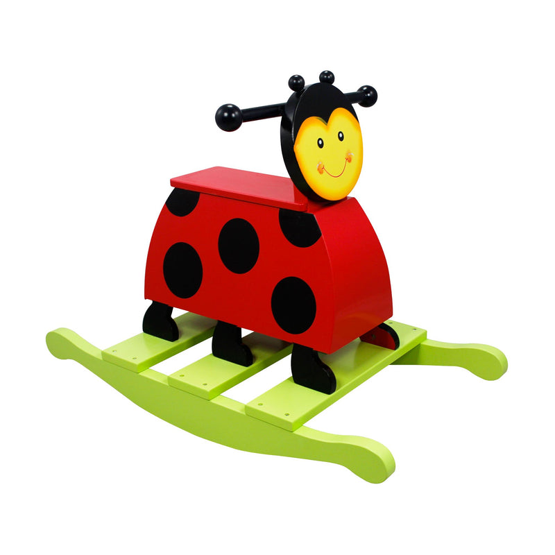 Child's wooden ladybug rocker with red body, black spots, yellow face, and green rockers