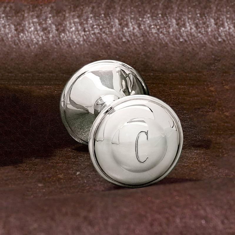 Personalized sterling silver baby rattle with two round discs, initial C
