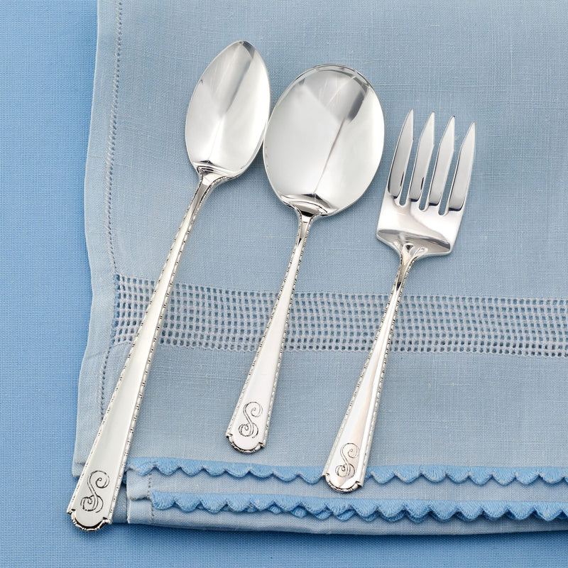 Sterling silver baby feeding set with two spoons and a fork, roped edge, engraved