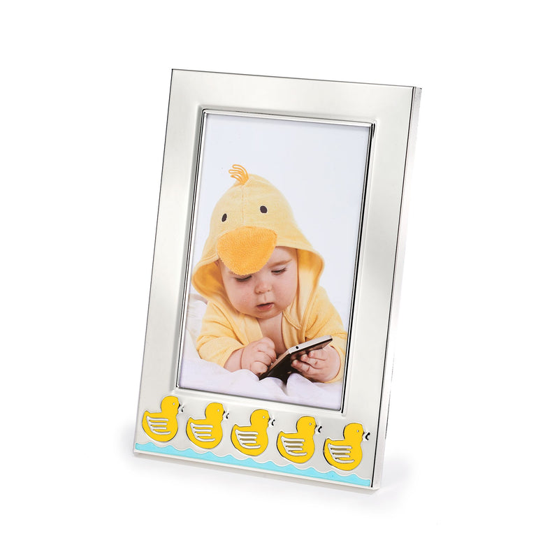 Silver plate 4x6 photo frame with duckie decor and window showing baby in duck hat.
