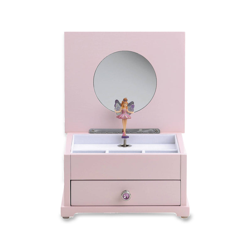 Reed & Barton fairy music jewelry box, open with ballerina and drawer, pink finish