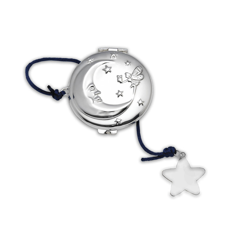Reed & Barton tooth fairy box, silver crescent moon star design with navy ribbon and star charm