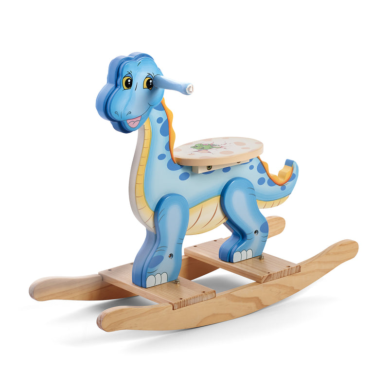 Blue wooden dinosaur rocker with rocking base and round seat