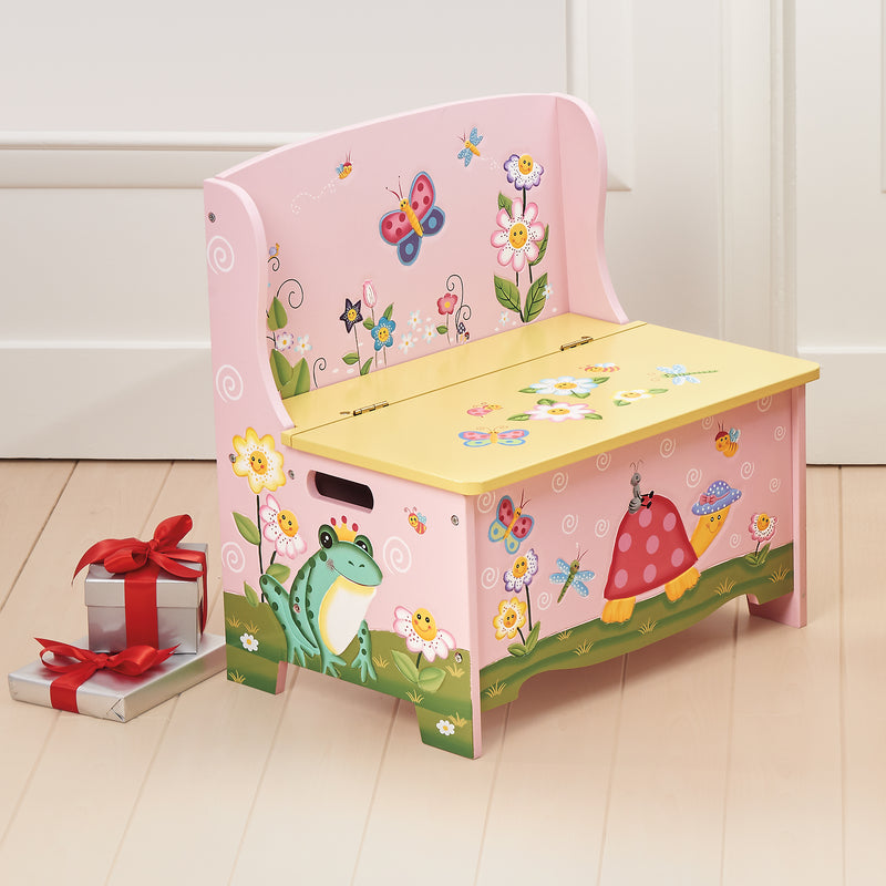 Pink wooden storage bench with colorful garden animal print and front storage opening
