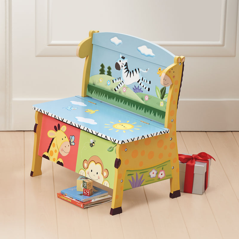 Children's wooden storage bench with colorful animal safari print seat and side panels