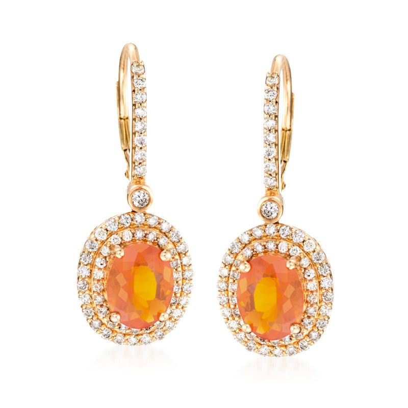 18kt yellow gold leverback drop earrings with orange fire opal and diamond halo