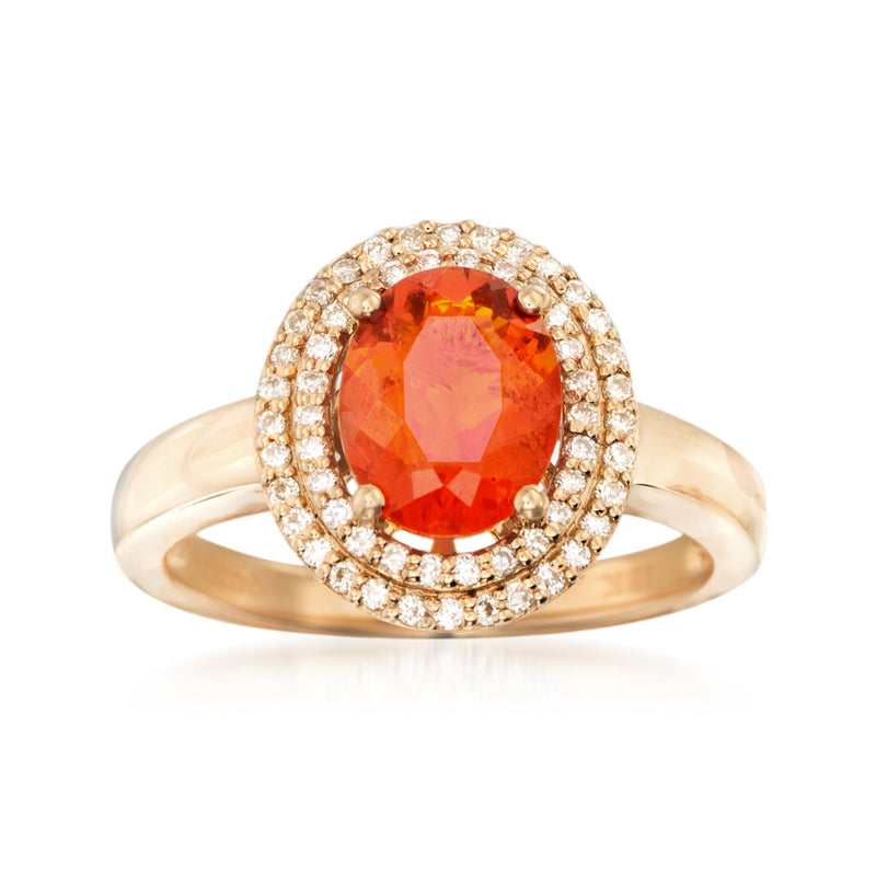 18k yellow gold fire opal ring with orange oval center and diamond halo