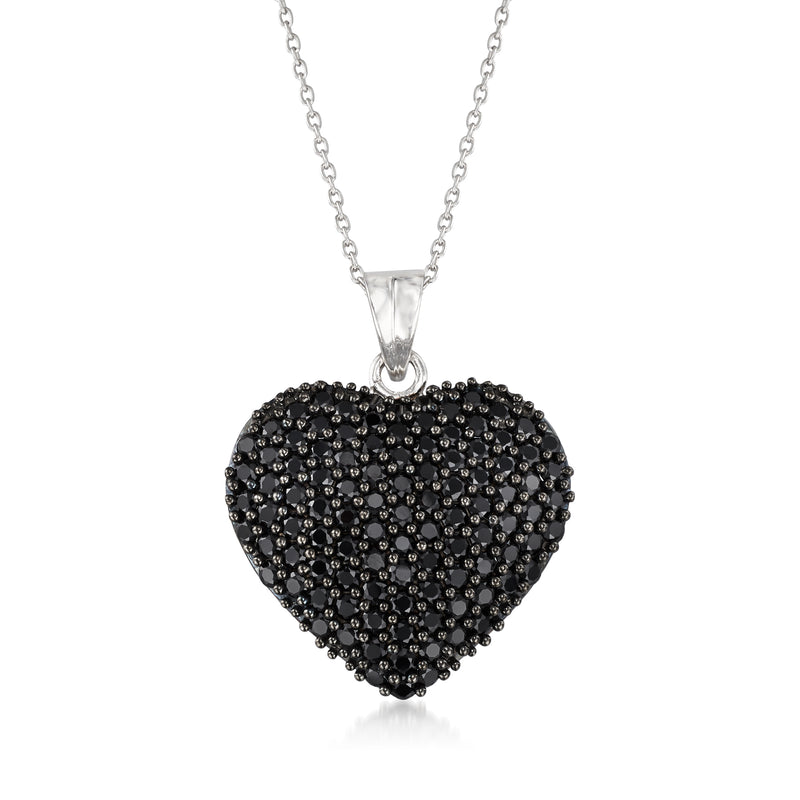 Sterling silver heart pendant necklace with black pave spinel stones