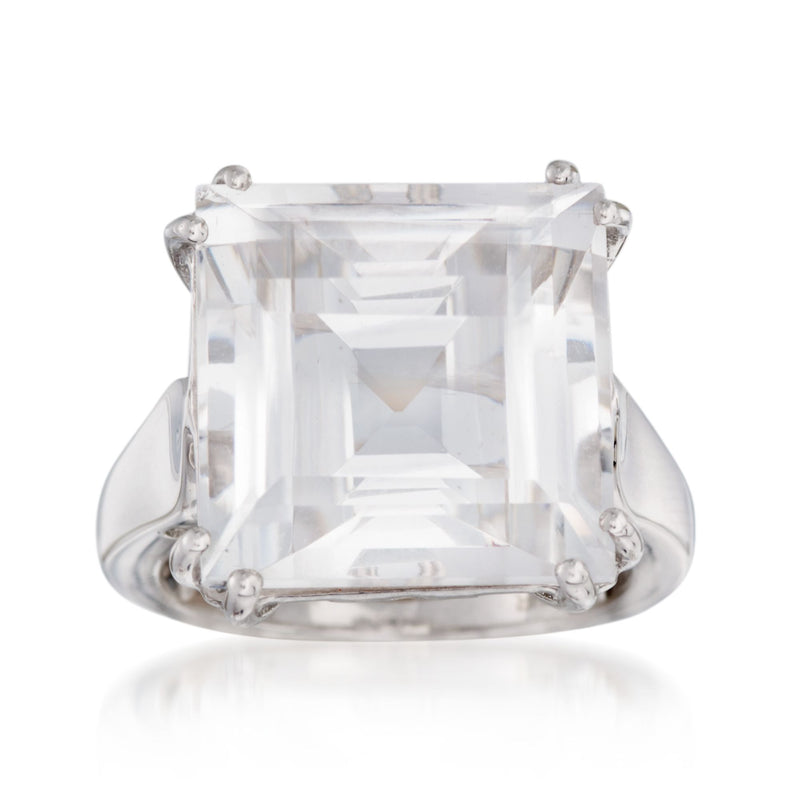 Square rock crystal ring in sterling silver with clear faceted stone setting