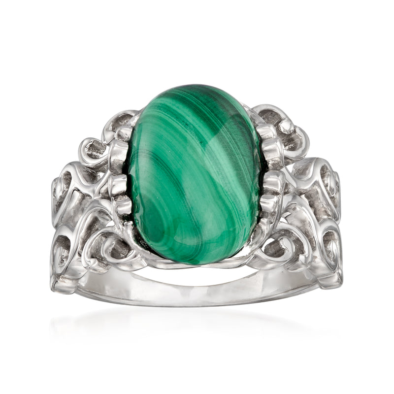 Sterling silver malachite cabochon ring with oval green stone and ornate prong band