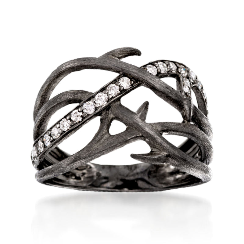 Diamond branch ring in sterling silver with crisscross band and pave stones