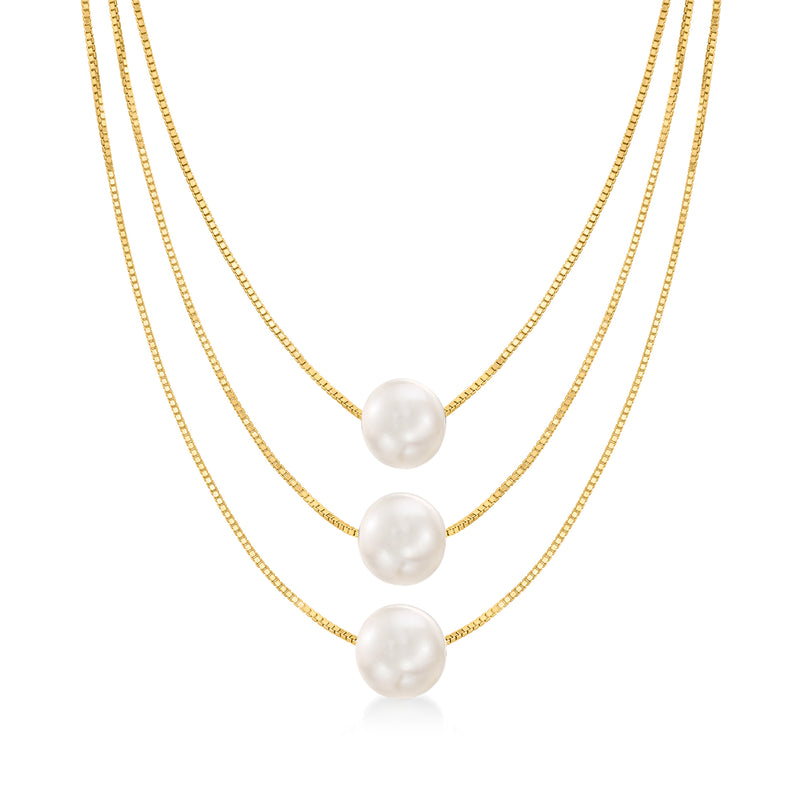 Three-strand cultured pearl necklace with round white pearls on 18kt gold chains