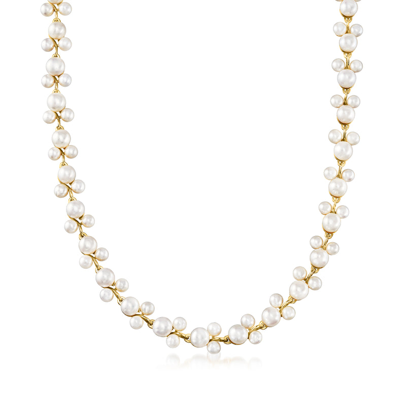 Cultured pearl vine necklace with round pearls on gold over sterling chain
