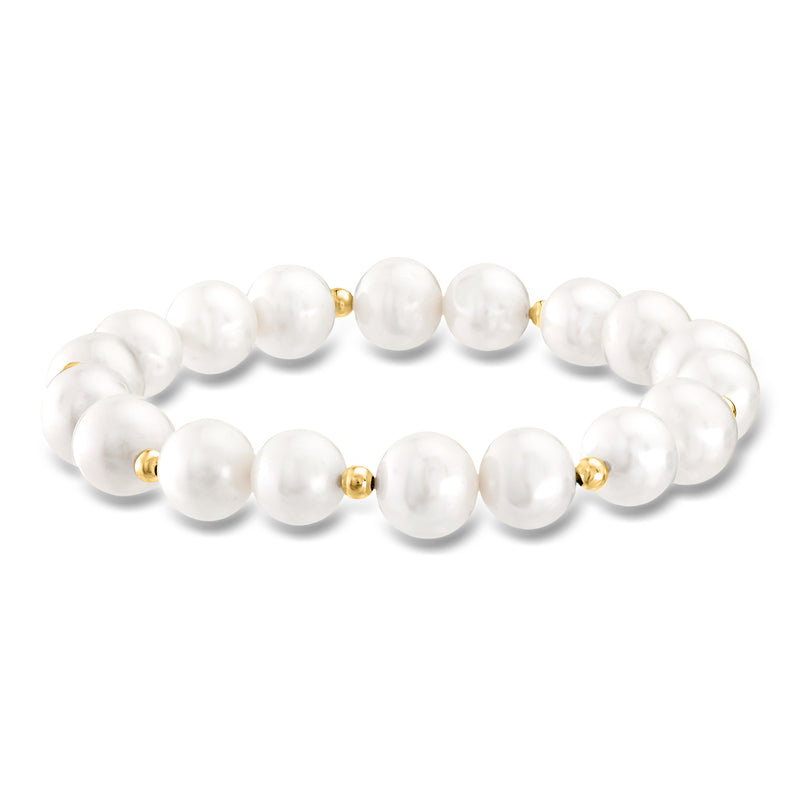 Cultured pearl stretch bracelet with white 9–10mm pearls and 14kt yellow gold spacers