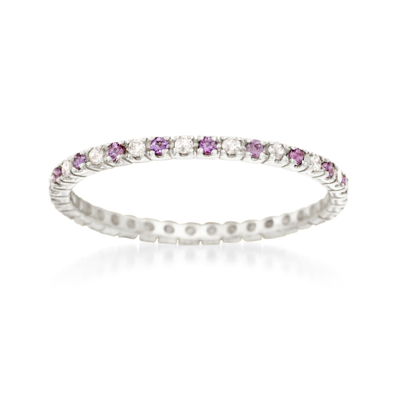 White gold eternity band with alternating amethyst and diamond stones