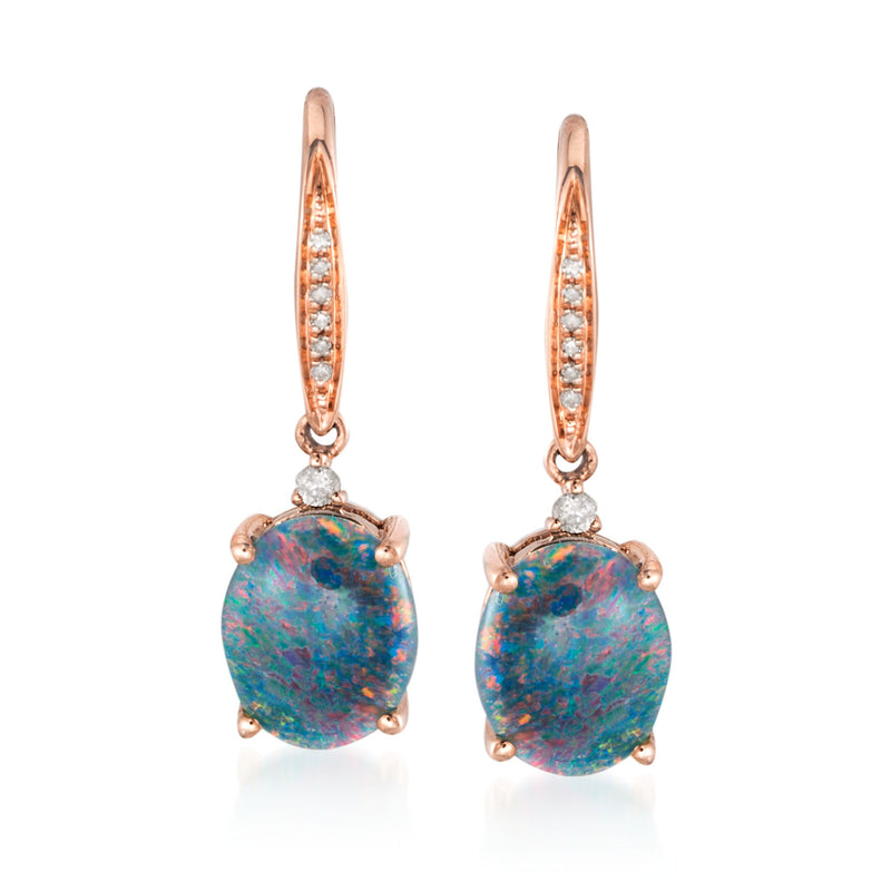 Rose gold leverback drop earrings with blue opal oval and small diamond accents