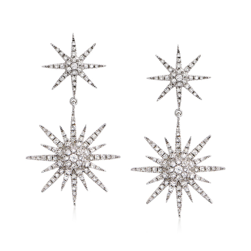 Starburst diamond drop earrings in 14kt white gold with two dangling spark shapes