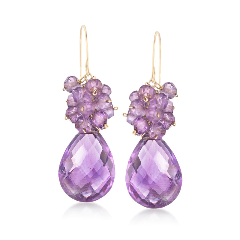 14kt yellow gold amethyst cluster drop earrings with purple pear drops