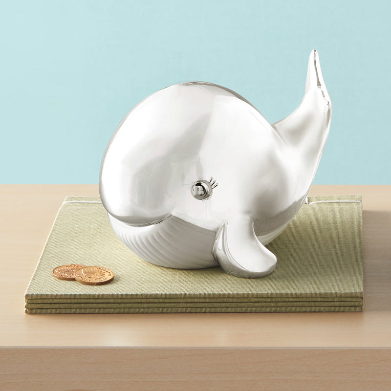 Reed & Barton Mystic Sea whale-shaped coin bank, white ceramic
