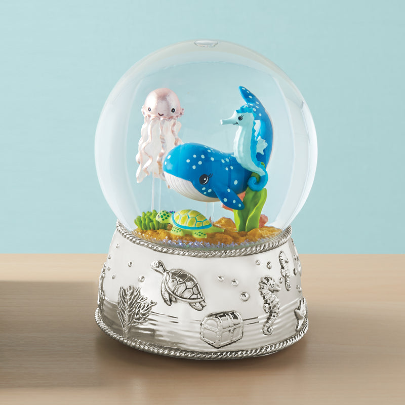Reed and Barton Mystic Sea musical whale water globe, blue whale scene in glass dome